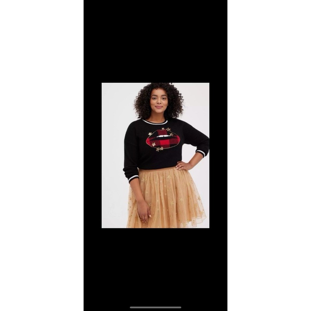 TORRID Pullover Crew Neck Sweater Plaid Lips Sequin Stars size 2/2X NWT